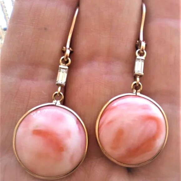 Vintage Soviet USSR 14K 583 Rose Pink Gold Diamond 17MM Coral Dangle EARRINGS - Picture 2 of 7